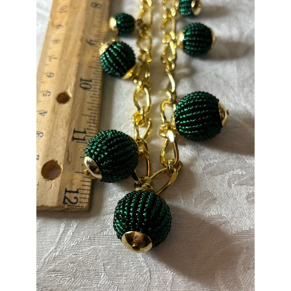 Talbots Gold Tone Chunky Link Necklace Green Beaded Ball Charms Statement 20in